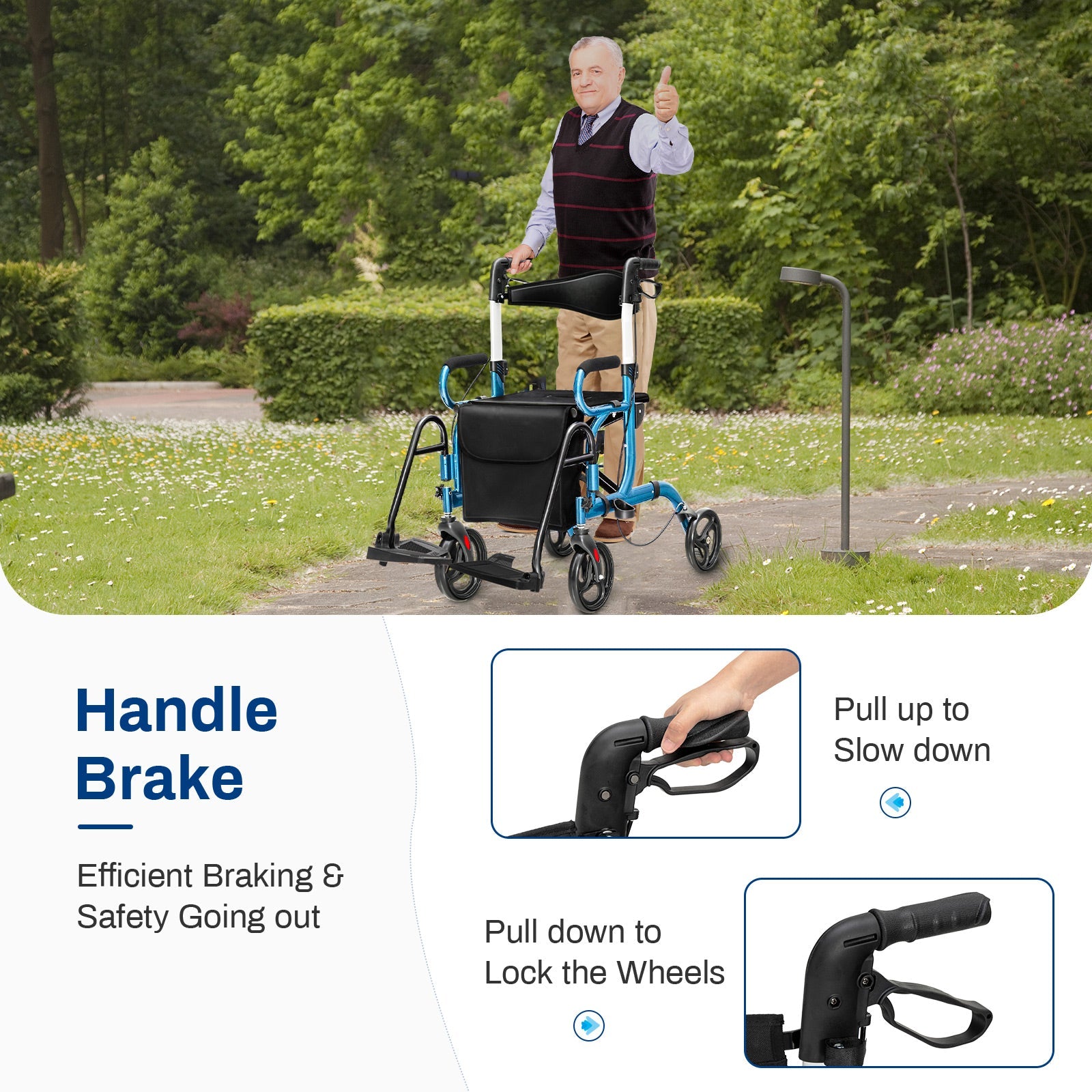 Folding Rollator Walker with 8-inch Wheels and Seat-Navy