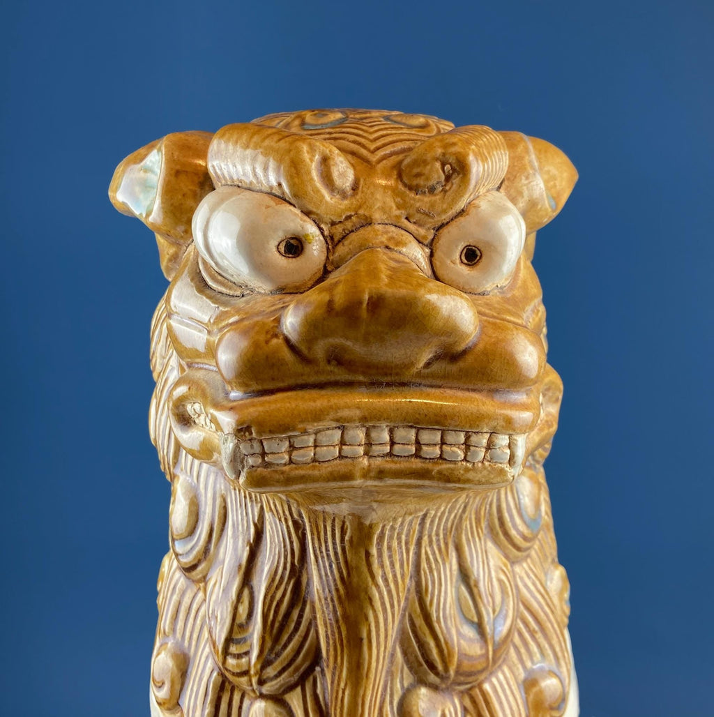 XL Chinese Style Guardian Foo Dog. Glazed Gold & Beige Standing Statue of Animal. Symbolic of Protection. Ethnic Home Art Decor.