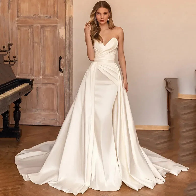 Ivory Satin Detachable Train Mermaid Gown