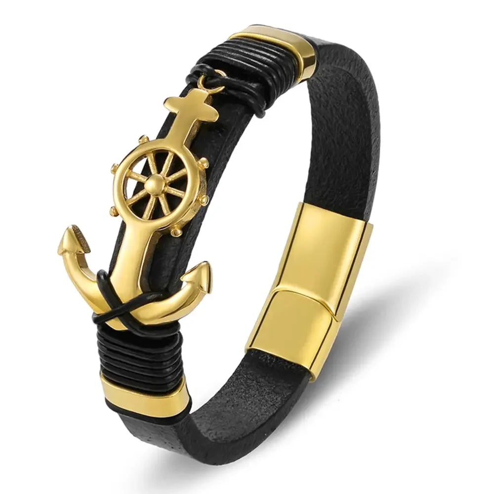 TYO Trendy Charm Woven Stainless Steel Magnet Rope Leather Anchor Bracelets Men Black Bangle Luxury Rock Hip Hop  Jewelry
