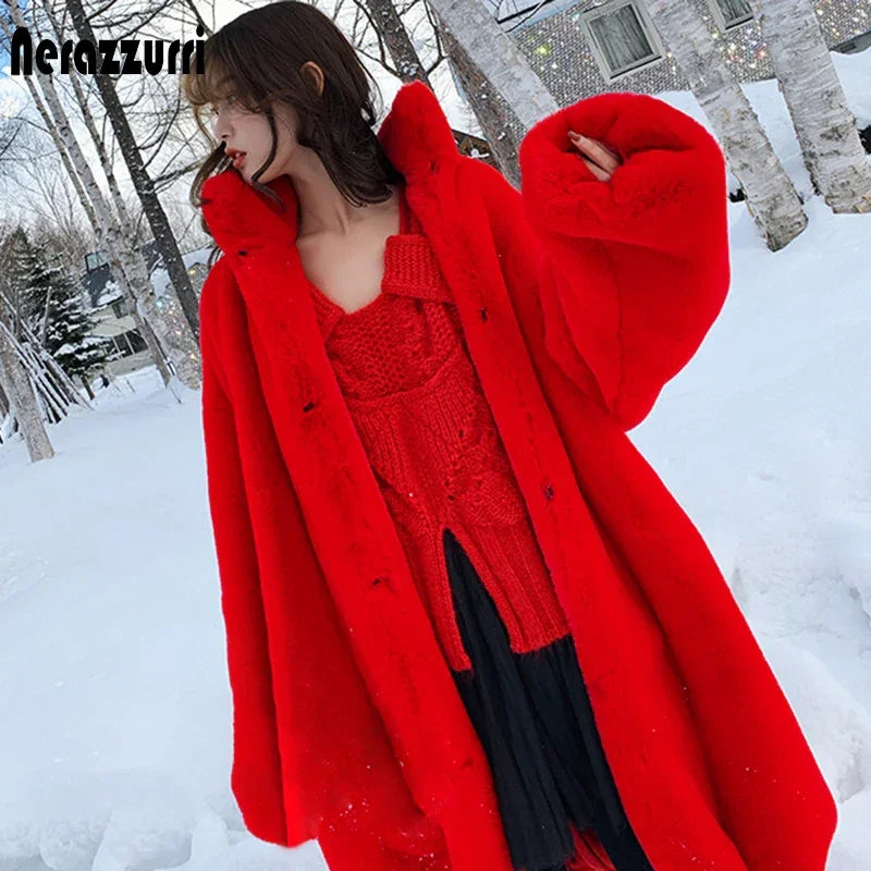 Nerazzurri Oversized Red Thick Warm Soft Fluffy Faux Fur Coat Women 2022 Raglan Seeve Stylish Thick Long Fur Coats for Winter