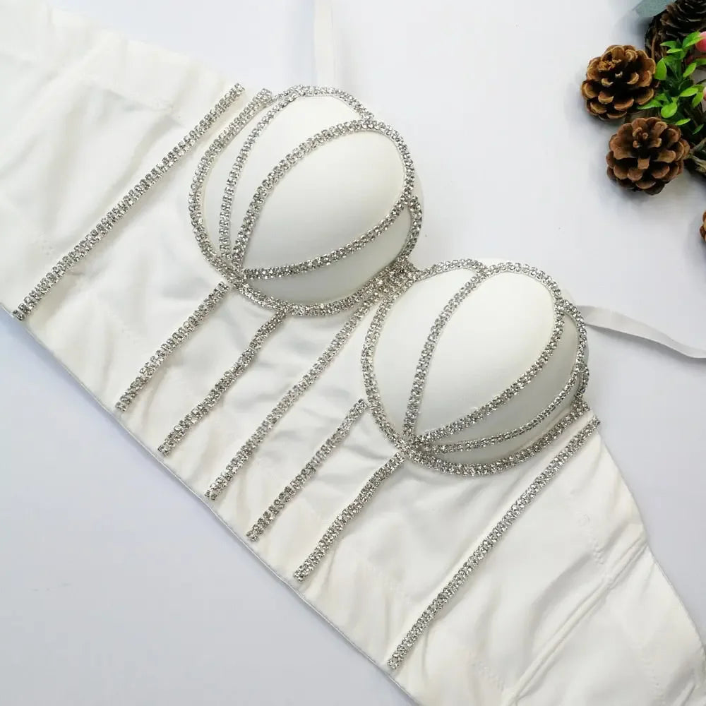 Irene Tinnie Sexy Rhinestone Bustier Corset Push Up Night Club Bralette Women's New Fashion Bra Cropped Top Plus Size Vest