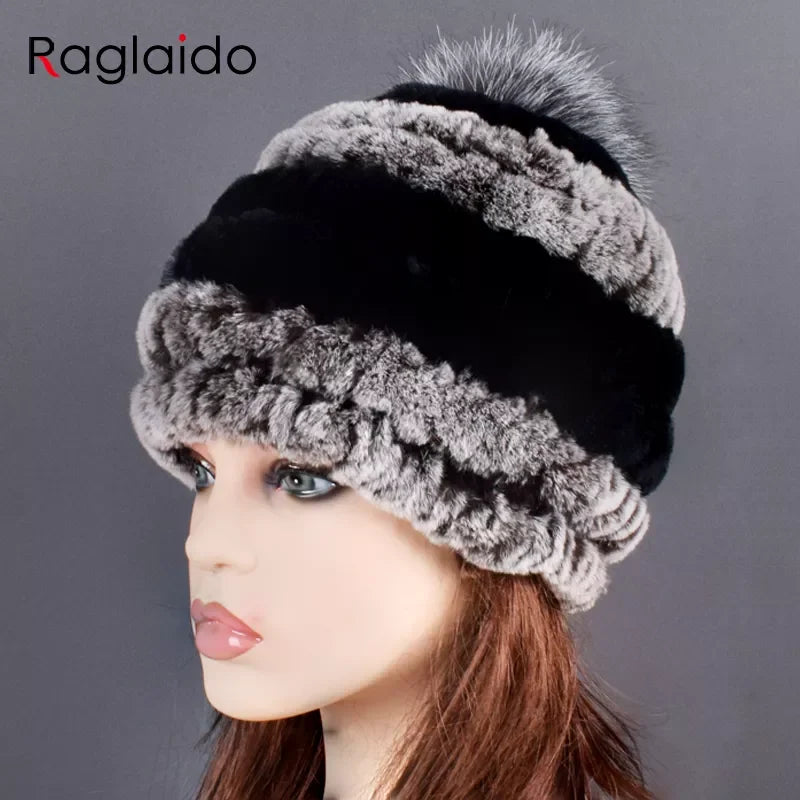 rex rabbit fur hat cap women's winter pompom caps warm natural fur knitted elastic black gray fox ball female bomber hats girsl