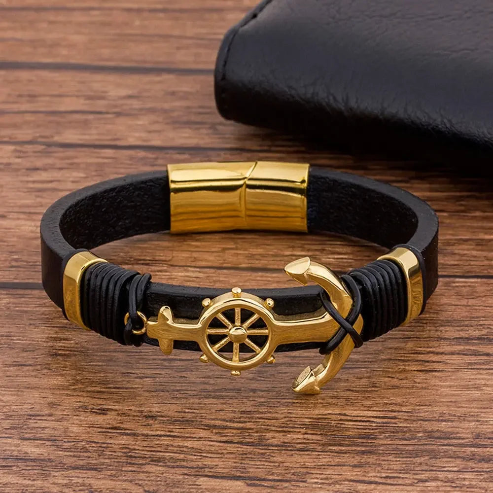 TYO Trendy Charm Woven Stainless Steel Magnet Rope Leather Anchor Bracelets Men Black Bangle Luxury Rock Hip Hop  Jewelry