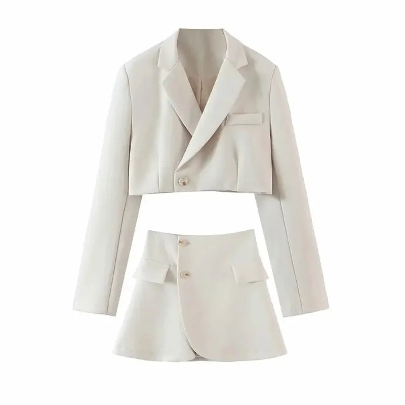XEASY Women Blazer Clothing Two Piece Set Women Suits With Skirt Female Suit Tweed Long Sleeves Short Skirt Suits Blazer