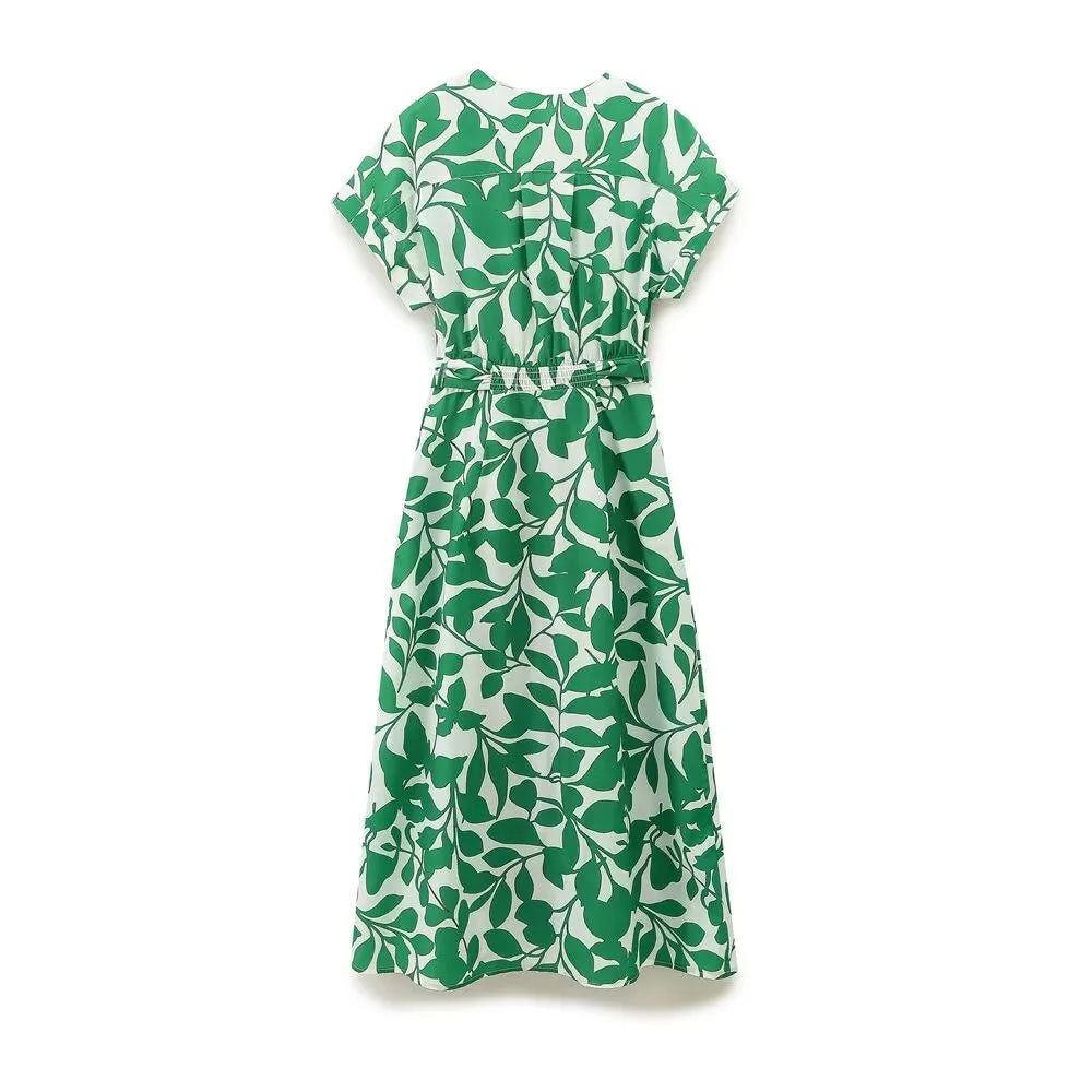 V-neck Single-breasted With Belt Printed Casual Dress
