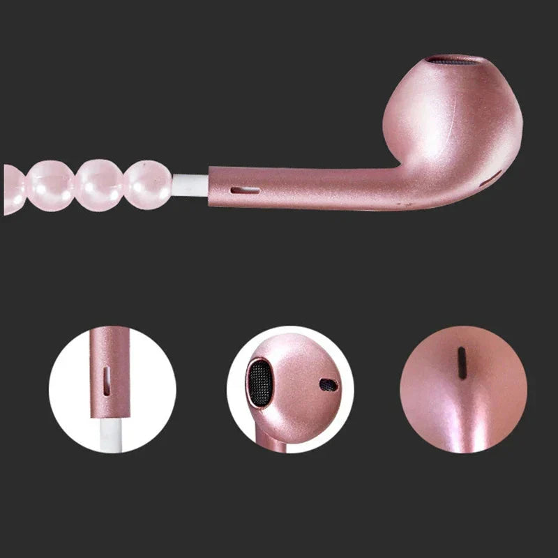 VAORLO 3.5mm Pearl Necklace Earphone Pink Rhinestone Jewelry In-Ear Headphone With Mic For Samsung Xiaomi Girl Birthday Gift
