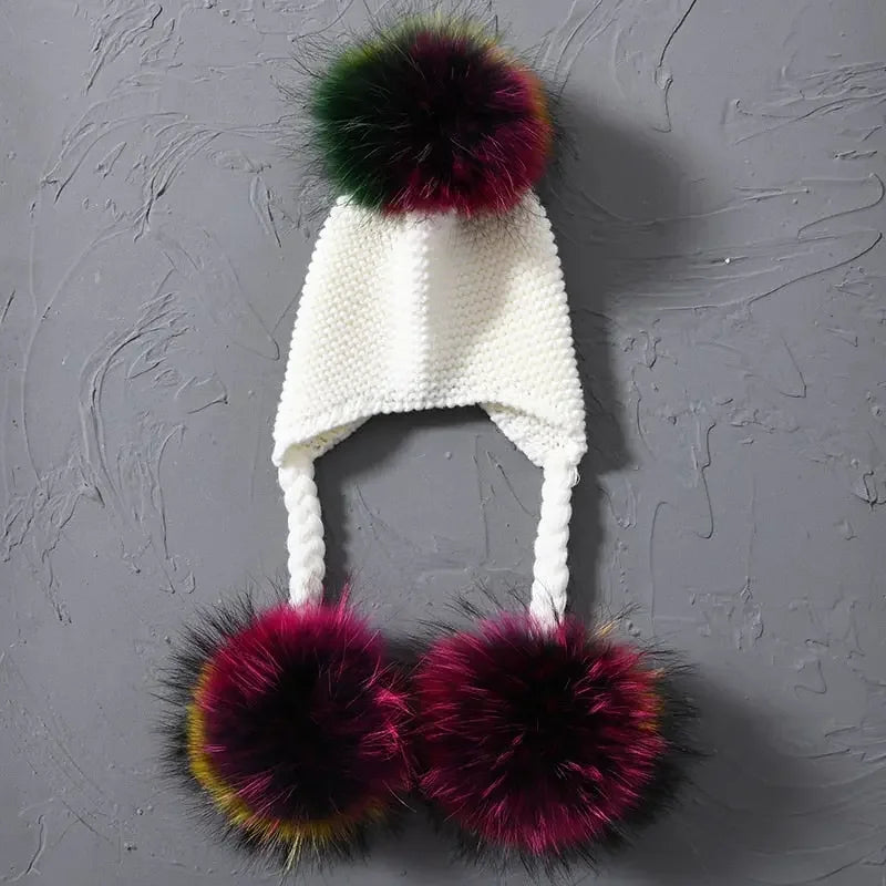 Knitted Baby Hat with Three Real Fur Pompom Children Beanie Boy Girl Natural Raccoon Fur Ball Kids Cap Cute Real Fur Pom Pom Hat