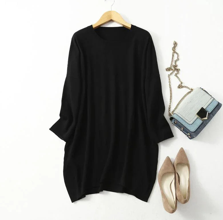 Women's 85% Silk 15% Cashmere Crew Neck Long Loose Type Pullover Top Sweater Dress LY001