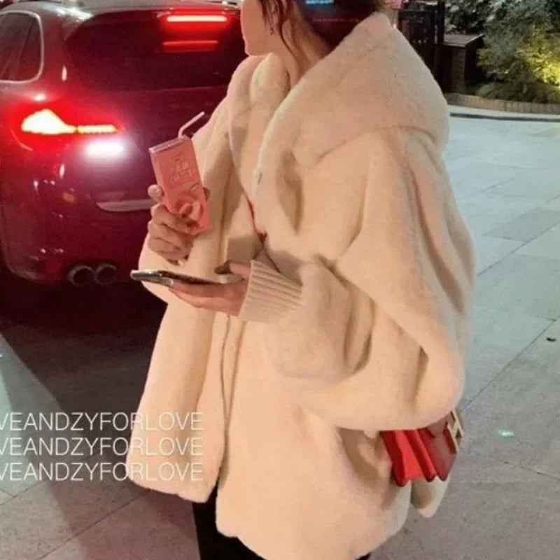 Women Korean Large Sizes Winter Casual Faux Rabbit Fur Coats Luxury Hooded Loose Thicken Warm Short Outerwear Female