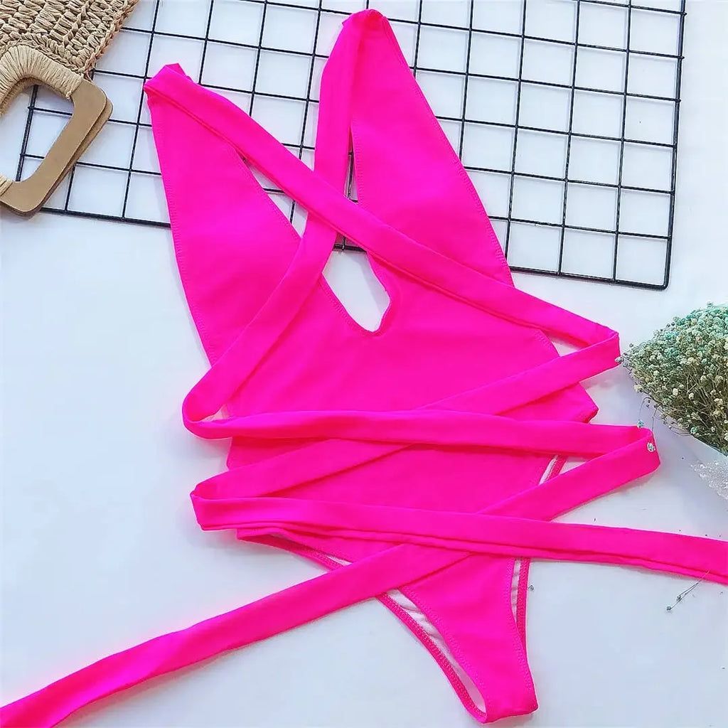 New Sexy Long Wrap Around Deep V One Piece Swimsuit Women Swimwear Female High Cut Monokini Bather Bathing Suit Swim Lady V1639W