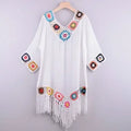 CROCHET BIKINI White Bikini Cover Up With Fringe Trim Women Sexy Hollow Tunic Beach Dress Summer Bathing Suit Beachwear