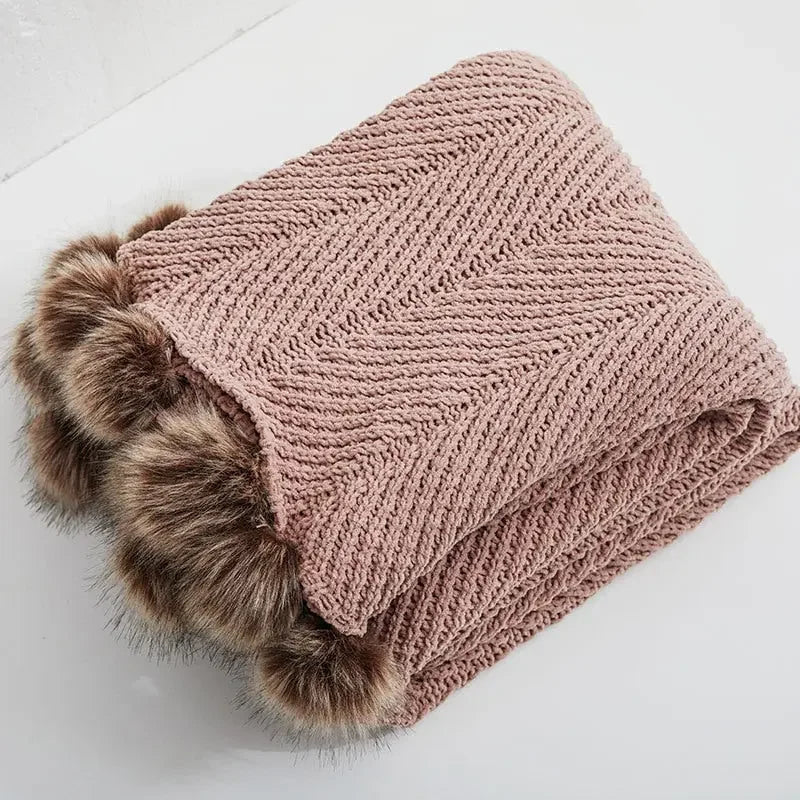 Chunky Knit Chenille Blanket With Pompoms