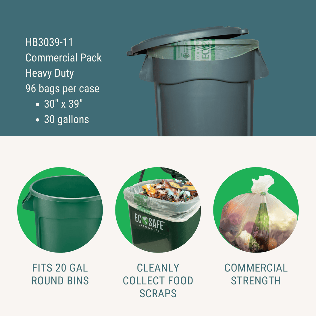 EcoSafe Zero Waste 30 Gallon Compostable Bags 30x39 (QTY 135), SKU HB3039-8