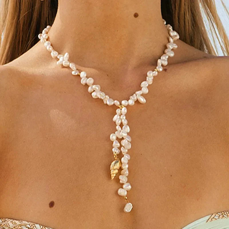 Boho Fashion Gold-Color Shell Necklace Natural Pearl Handmade Beautiful Necklace Women Baroque Jewelry Charm Statement Best Gift