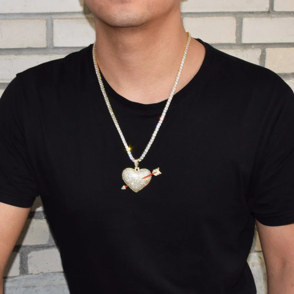Heart Arrow Necklace & Pendant Gold Color AAA Cubic Zircon Men's Hip Hop Jewelry