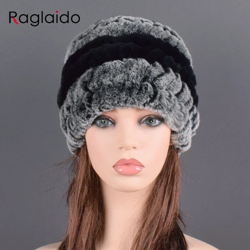 rex rabbit fur hat cap women's winter pompom caps warm natural fur knitted elastic black gray fox ball female bomber hats girsl