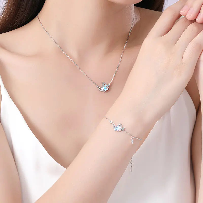 S925 Silver Moon and Flower Pendant Necklace