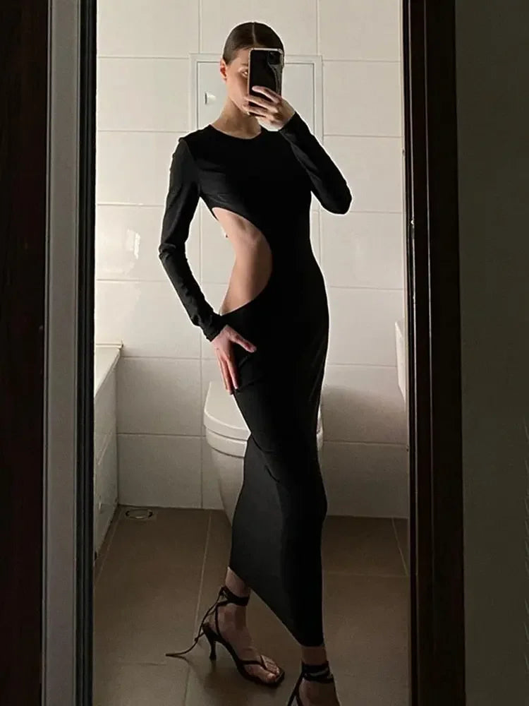 Black Cut Out Round Neck Long Sleeve Club Dress