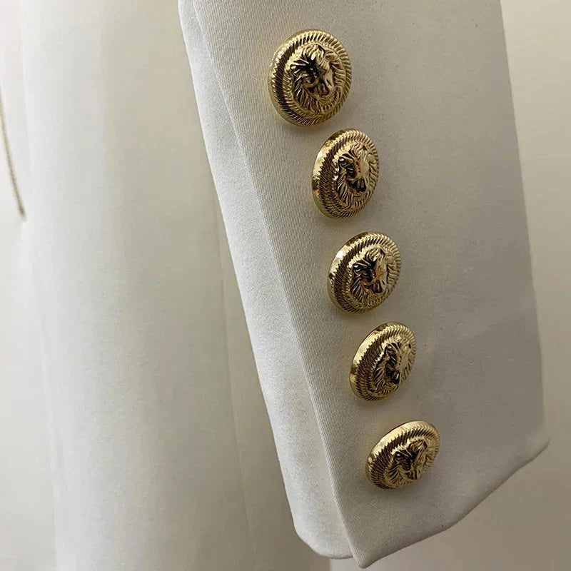Designer Satin Notched Collar Blazer Dress With Metal Buttons