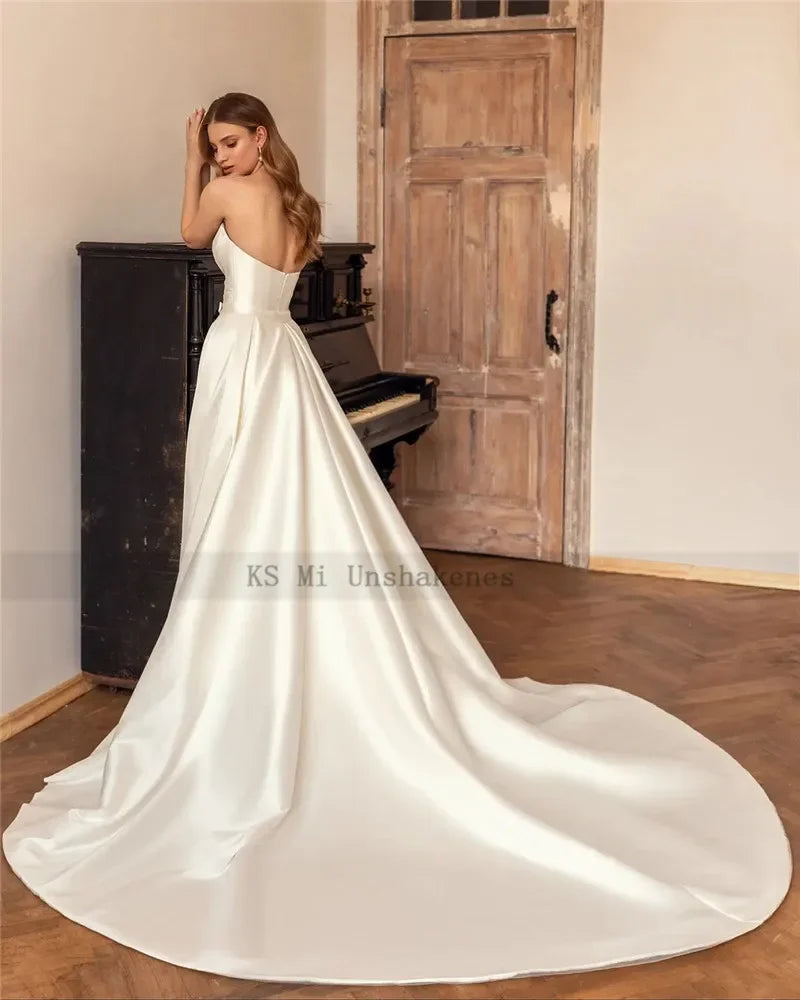 Ivory Satin Detachable Train Mermaid Gown