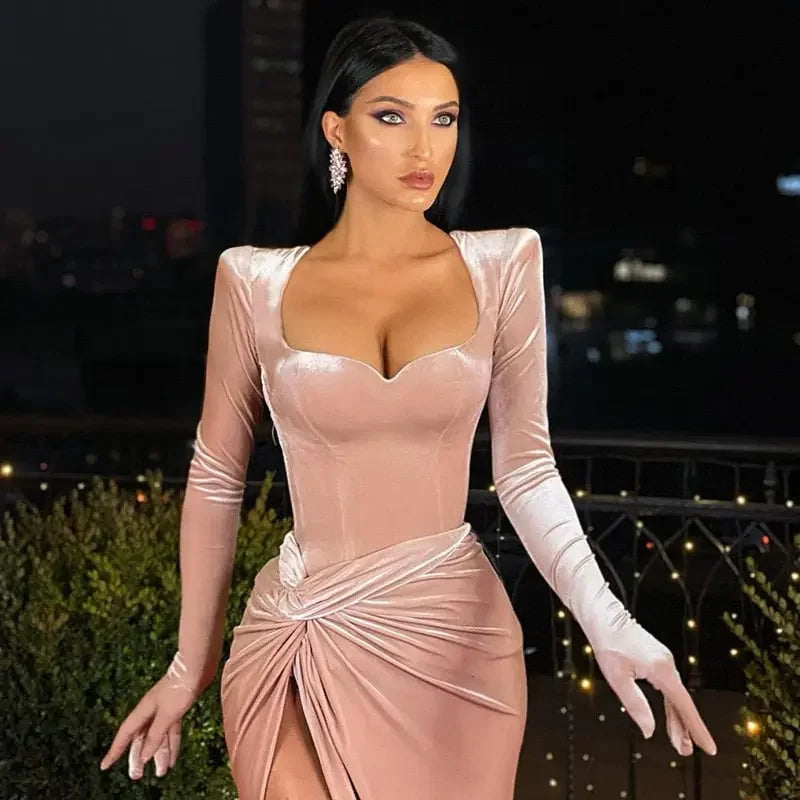 Elegant Long Sleeve Ruched Evening Dress
