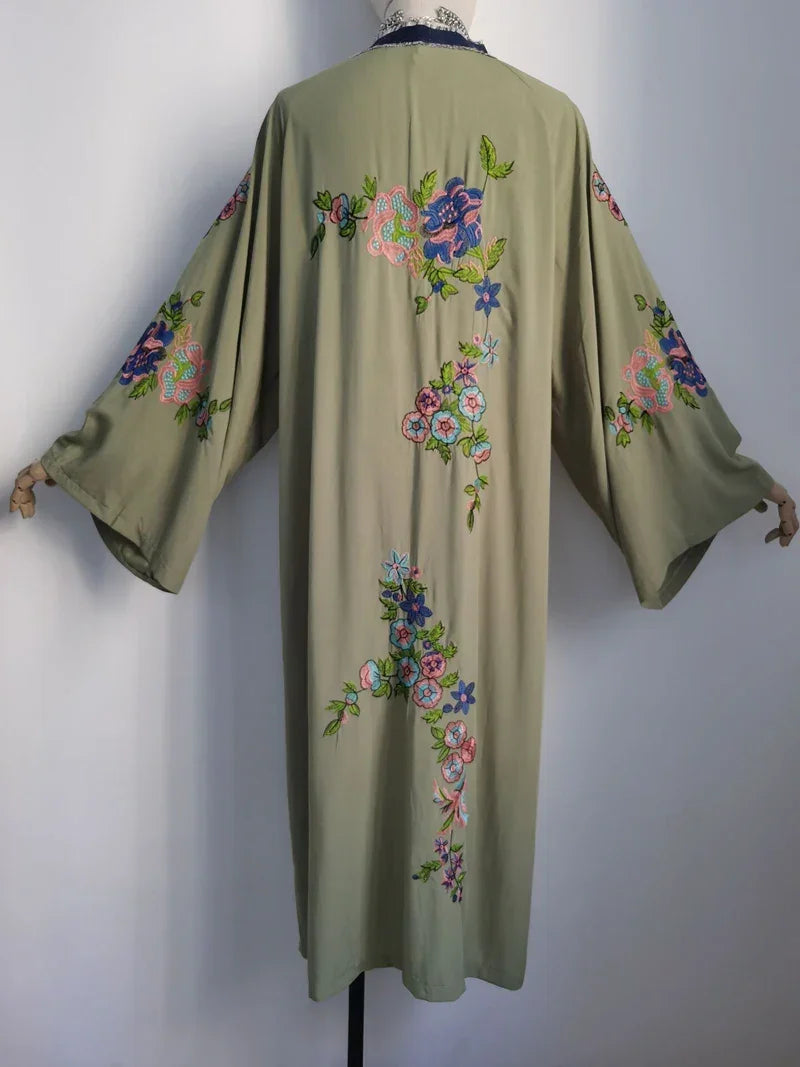Long Boho Floral Embroidery Beach Kimono