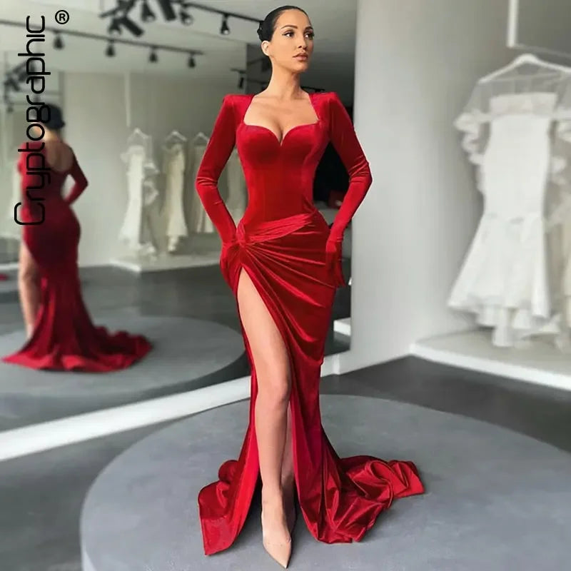 Elegant Long Sleeve Ruched Evening Dress