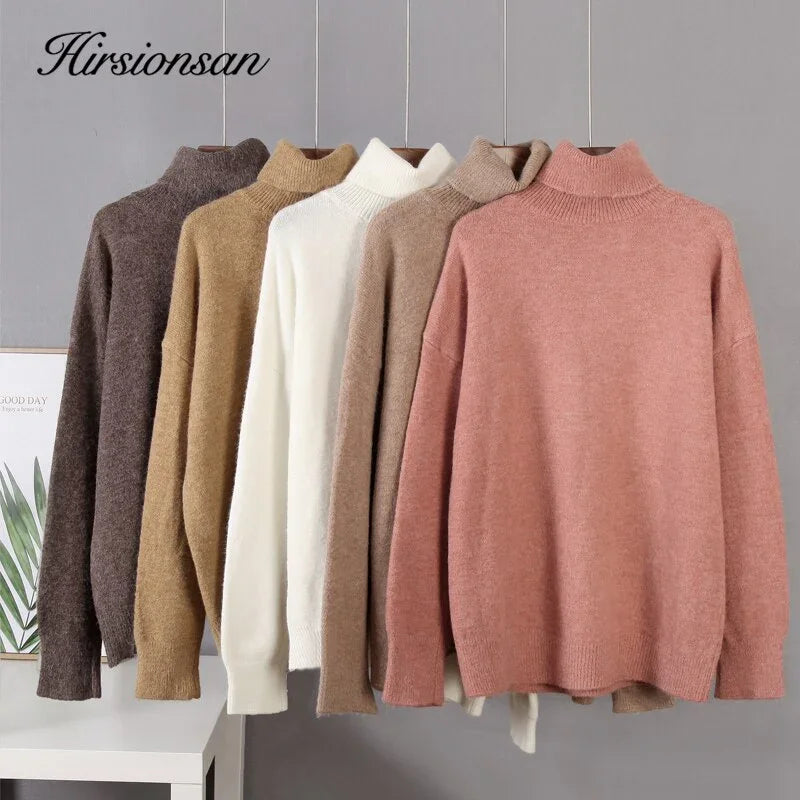 Hirsionsan turtle Neck Solid Cashmere Sweater Women Elegant Soft Warm Female Knitted Pullovers Basic Loose female Jumper