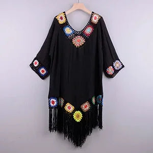 CROCHET BIKINI White Bikini Cover Up With Fringe Trim Women Sexy Hollow Tunic Beach Dress Summer Bathing Suit Beachwear