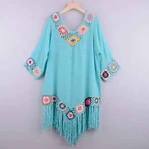 CROCHET BIKINI White Bikini Cover Up With Fringe Trim Women Sexy Hollow Tunic Beach Dress Summer Bathing Suit Beachwear