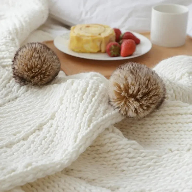 Chunky Knit Chenille Blanket With Pompoms