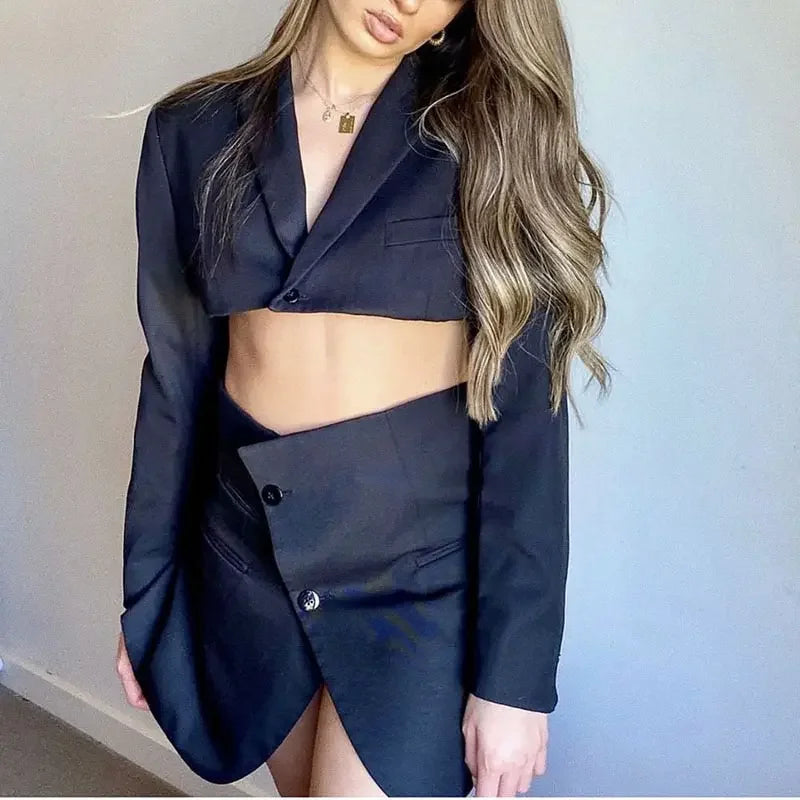XEASY Women Blazer Clothing Two Piece Set Women Suits With Skirt Female Suit Tweed Long Sleeves Short Skirt Suits Blazer