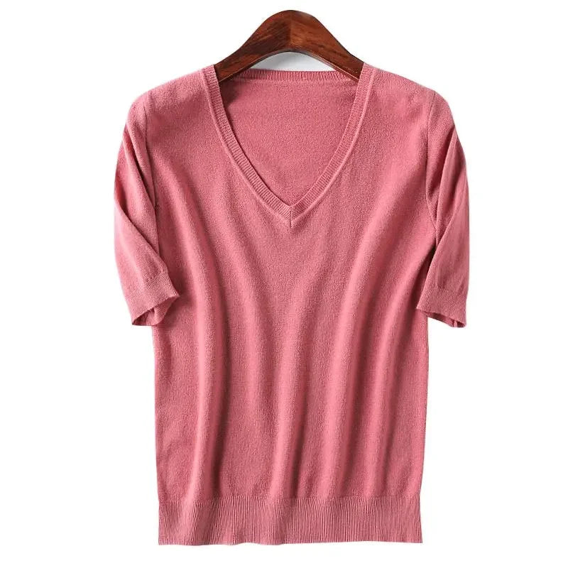 Spring/Summer 2023 Ladies Sweater Pullover Solid Color V-neck Half-sleeved Knitted Cashmere Sweater Thin Casual Top