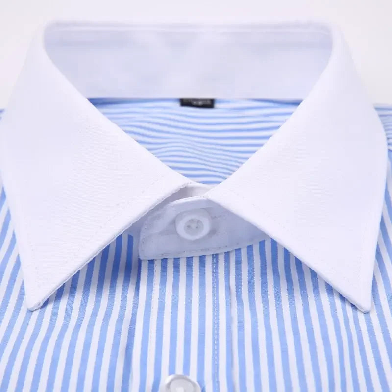 Men's Classic French Cuffs Striped Dress Shirt Single Patch Pocket Standard-fit Long Sleeve Wedding Shirts (Cufflink Included)