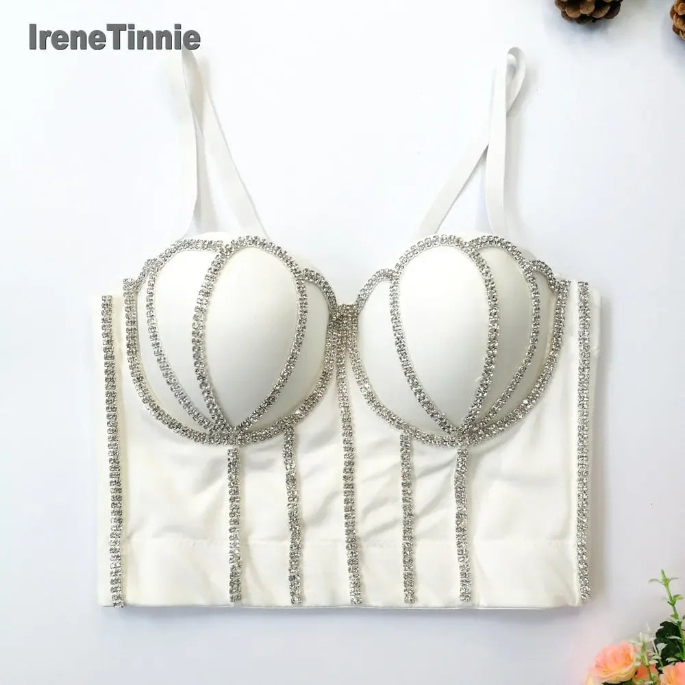 Irene Tinnie Sexy Rhinestone Bustier Corset Push Up Night Club Bralette Women's New Fashion Bra Cropped Top Plus Size Vest