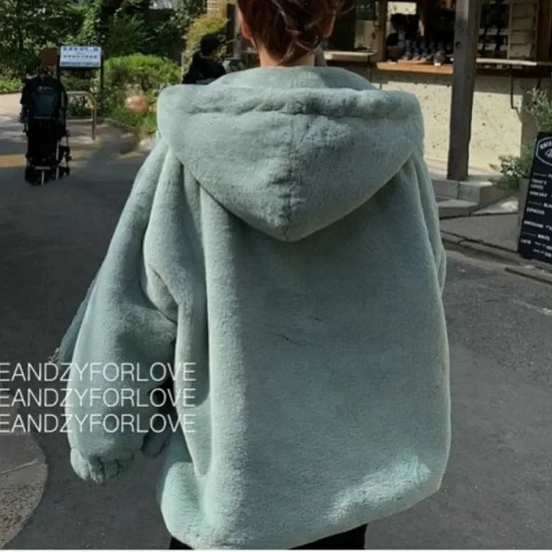 Women Korean Large Sizes Winter Casual Faux Rabbit Fur Coats Luxury Hooded Loose Thicken Warm Short Outerwear Female