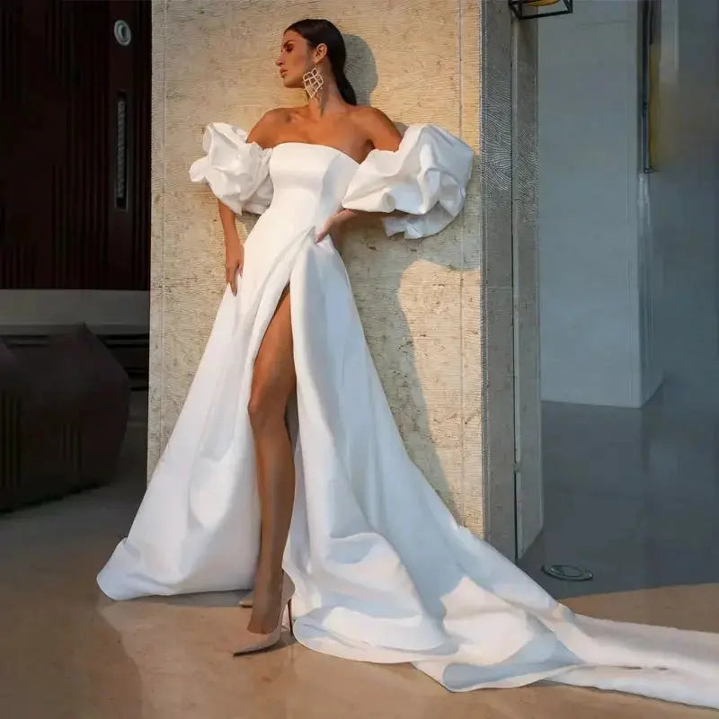 High Slit Satin Couture Wedding Gown with Detachable Sleeves