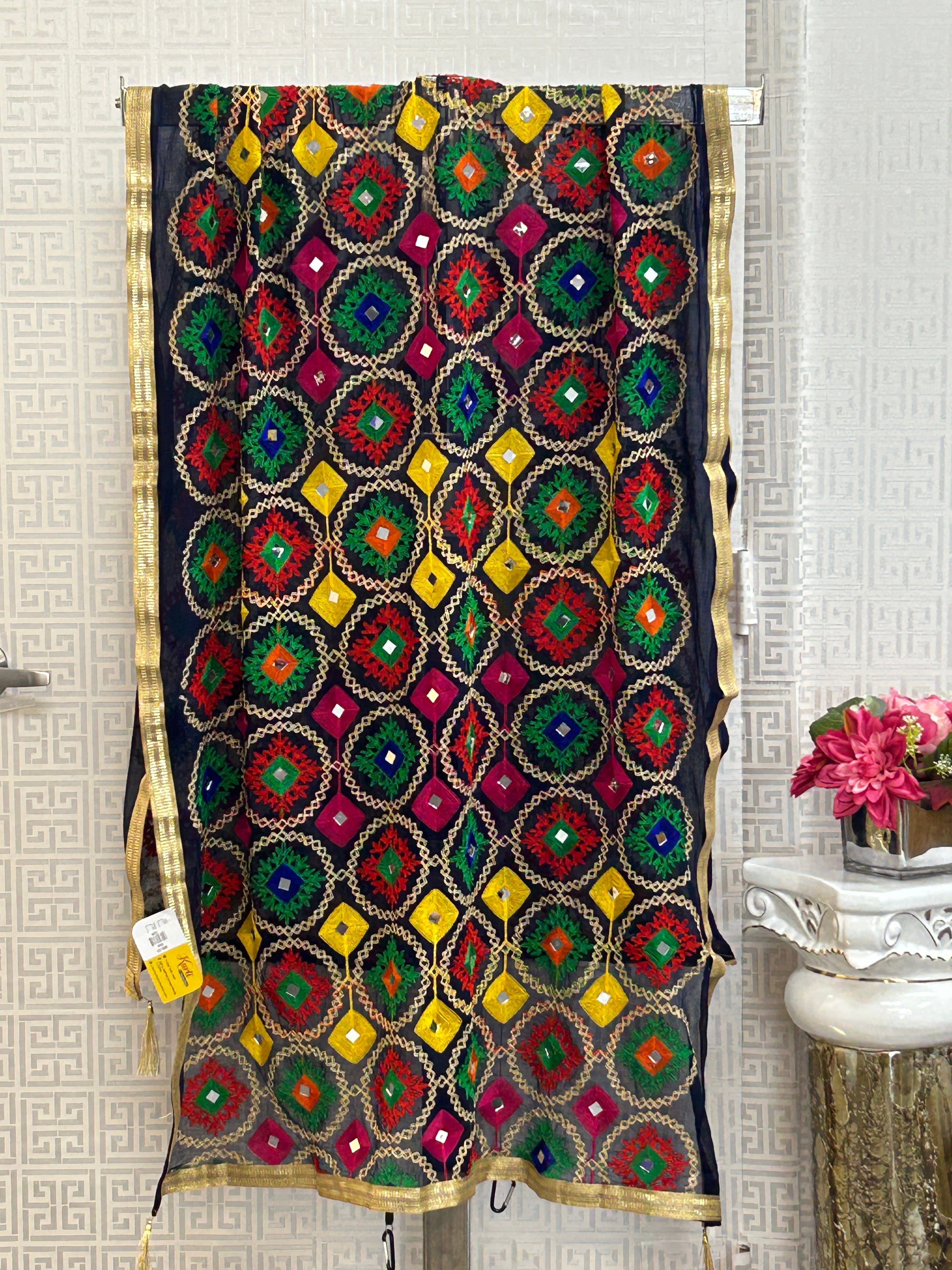 Navy blue dupatta with phulkari work