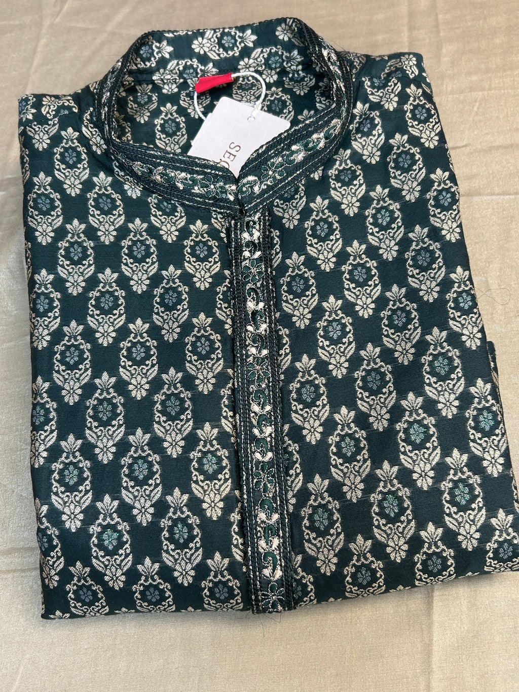 Dark green brocade kurta pajama
