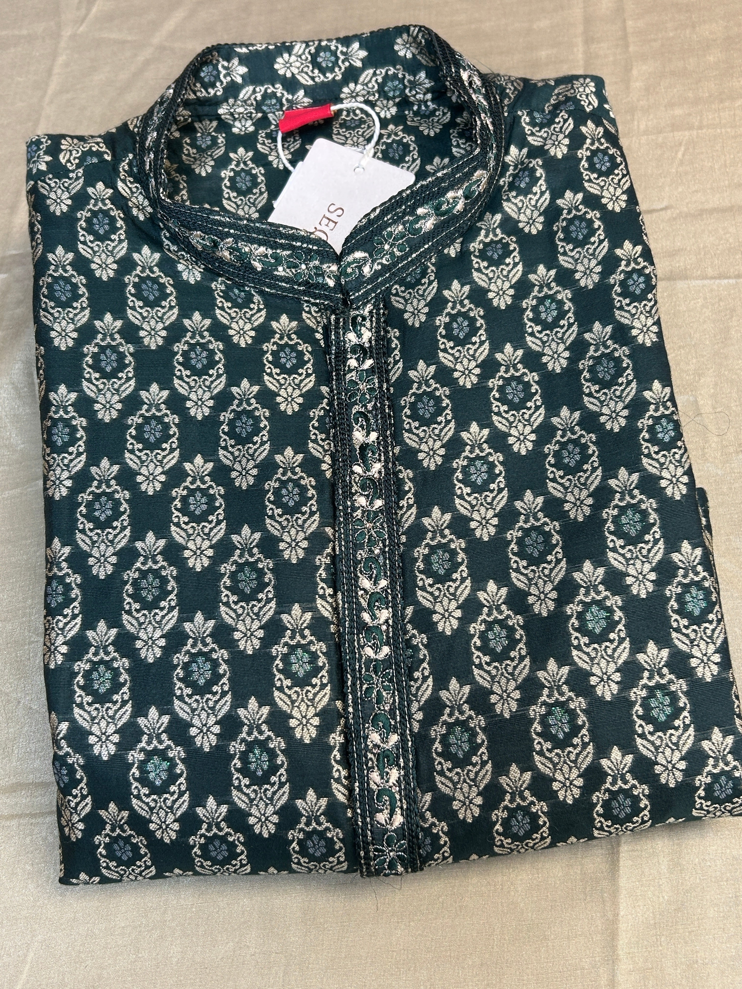 Dark green brocade kurta pajama