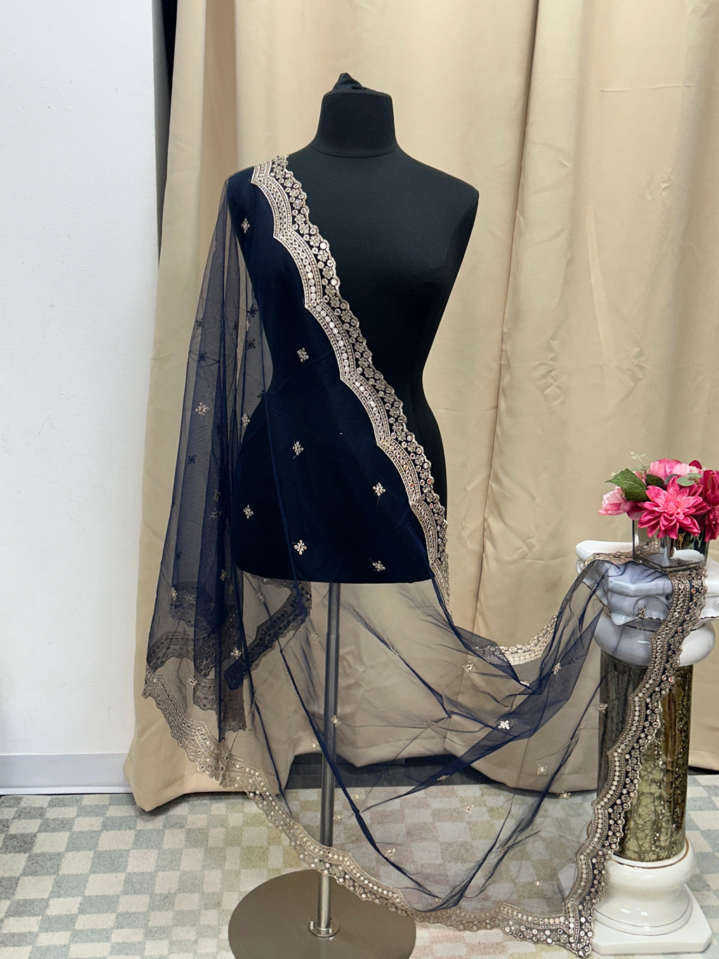 Dark blue mirror work duppata