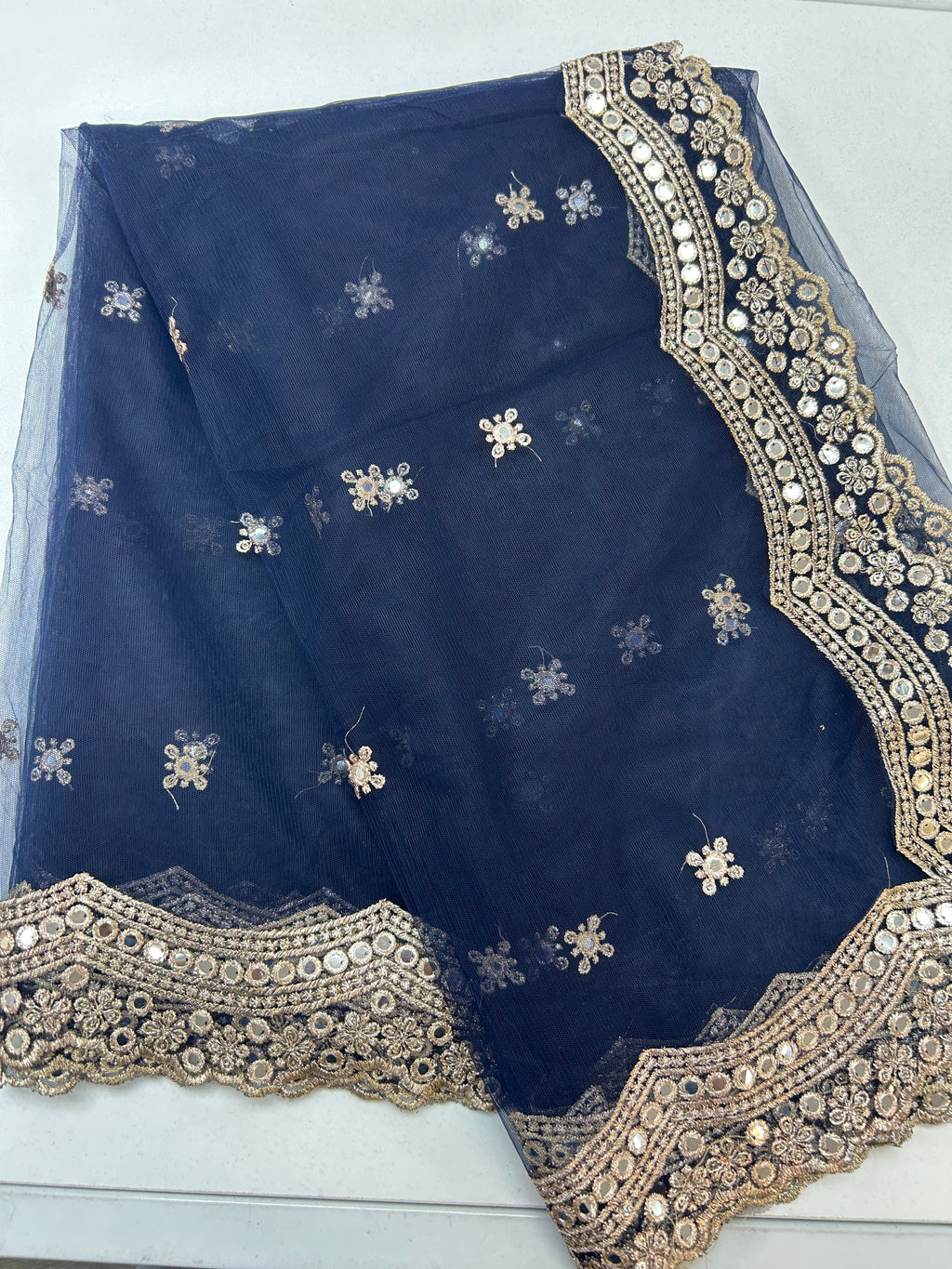 Dark blue mirror work duppata