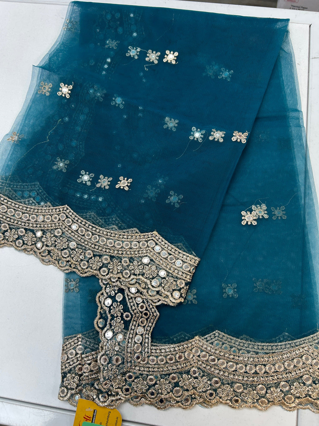 Teal blue mirror work duppata