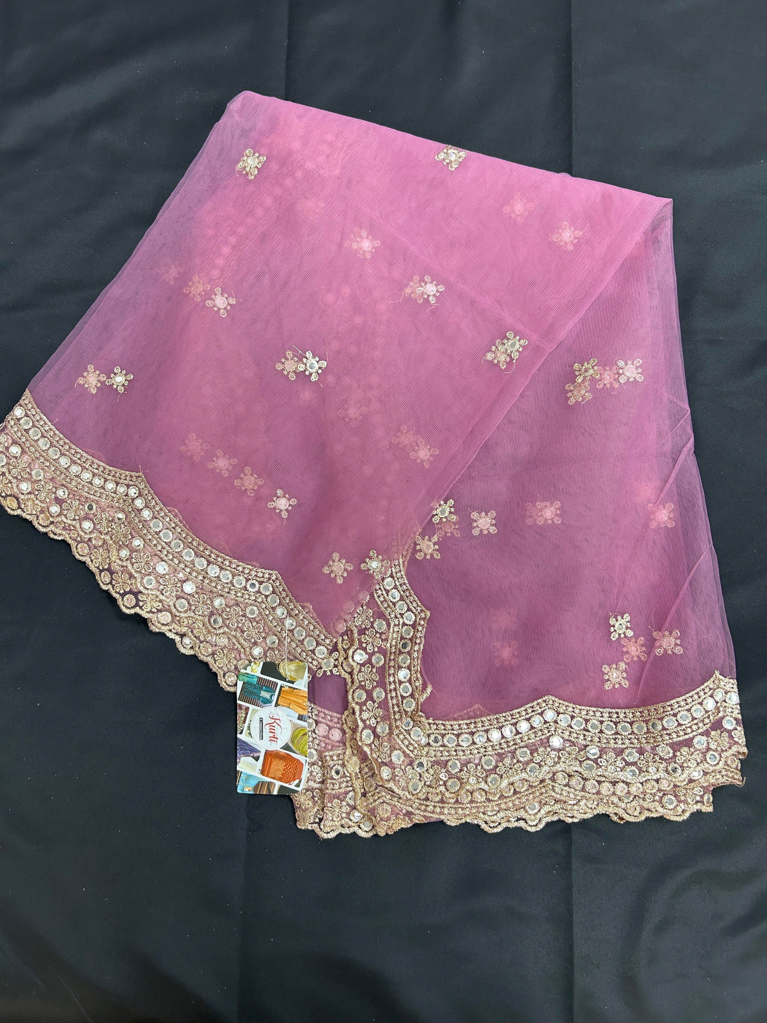 Pink color net duppata with mirror work border