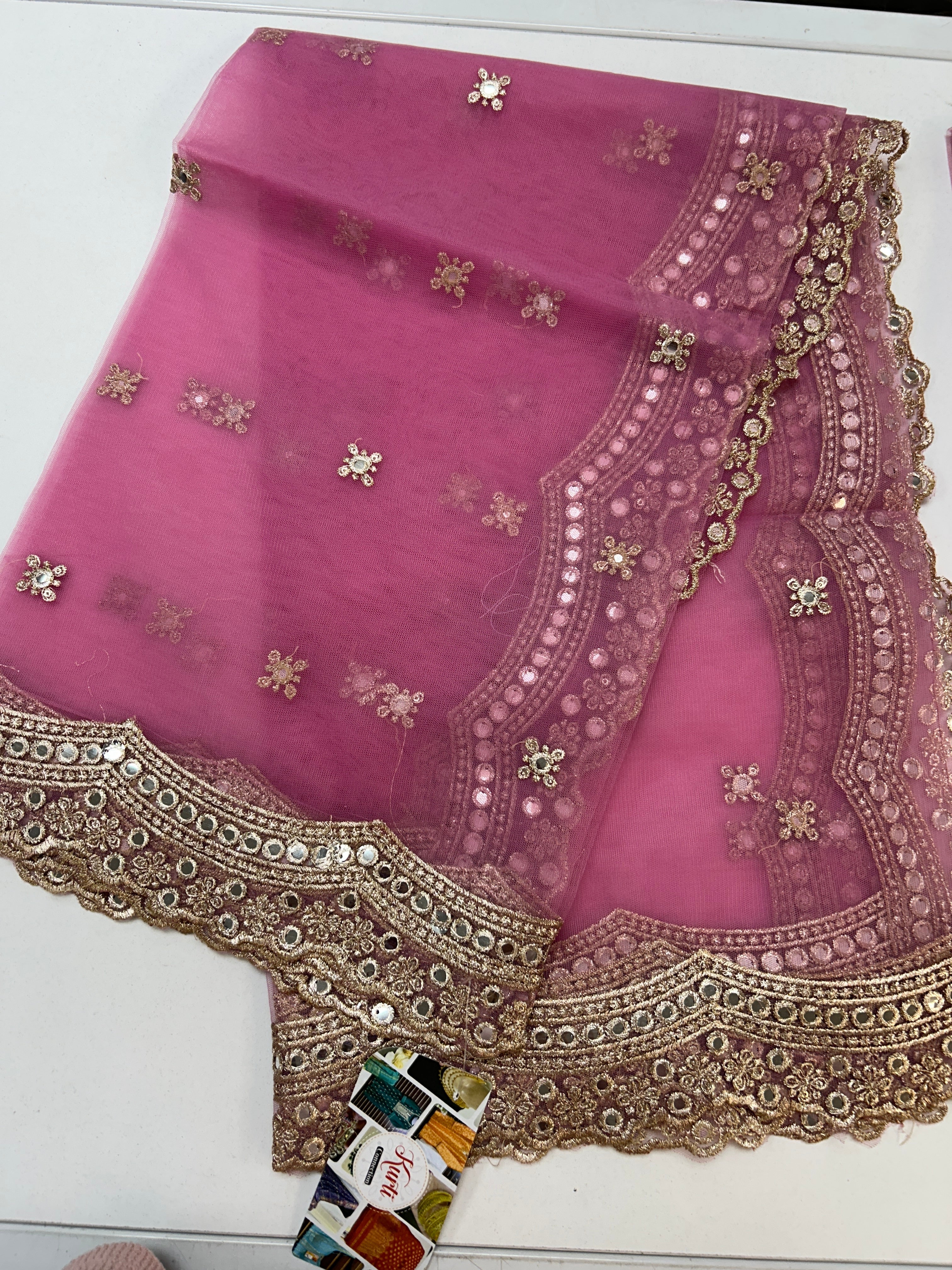 rosy pink net duppata with mirror work duppata