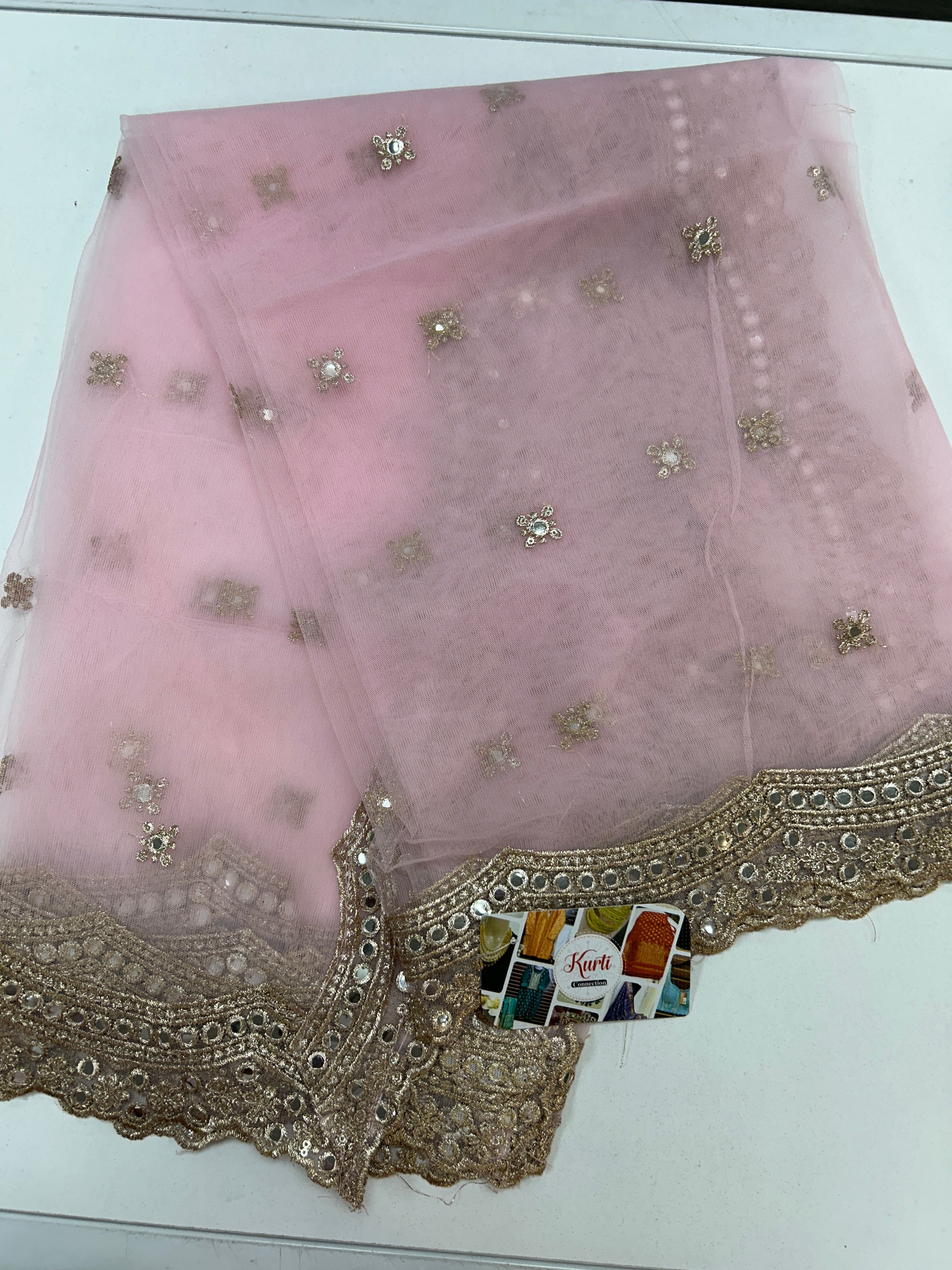 Light pink net duppata with mirror work border