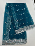 Teal blue net duppata with silver sequence work