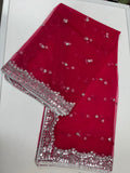Dark pink net duppata with silver sequence work