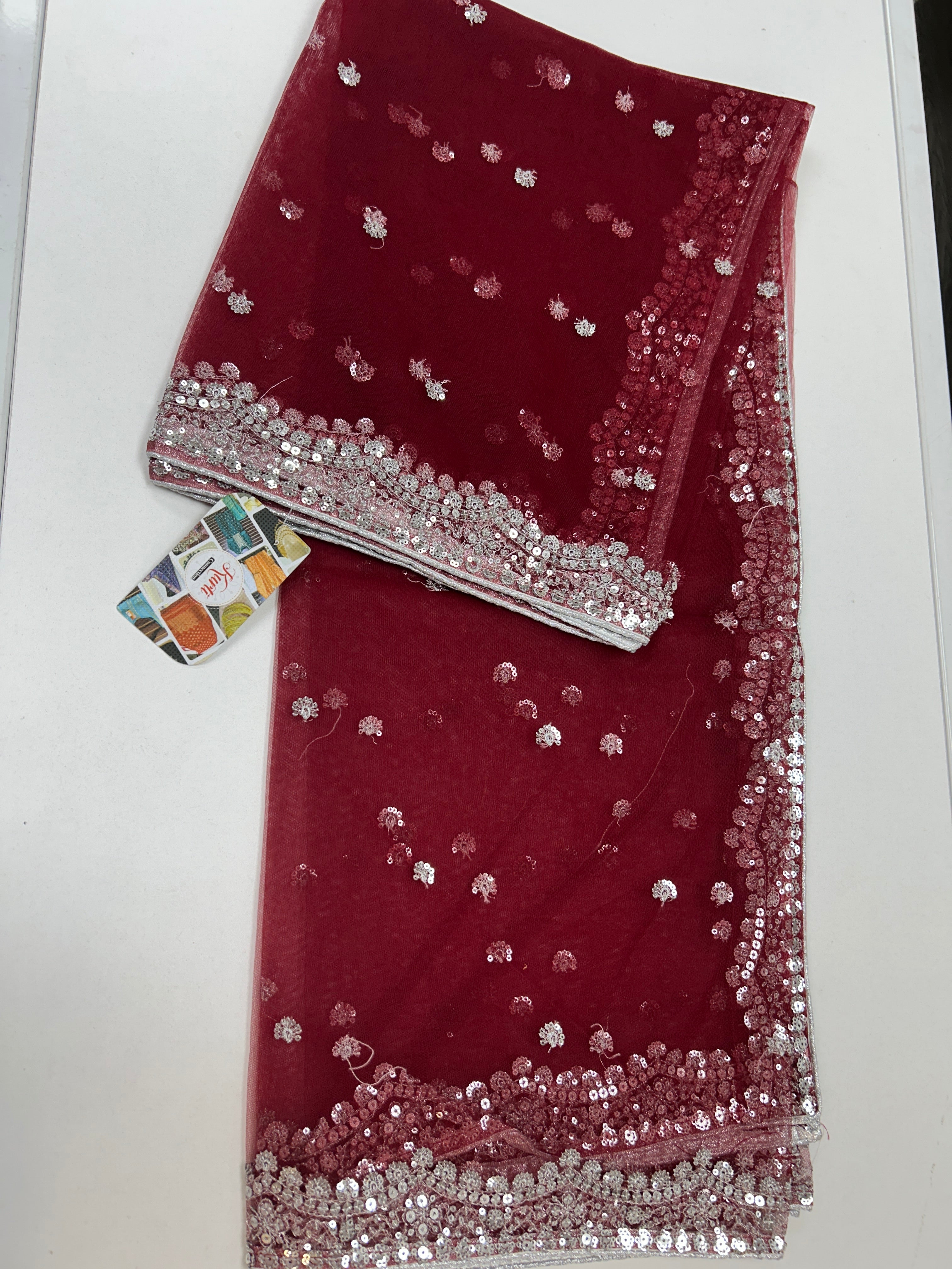 Dark maroon netduppata with  silver sequence work